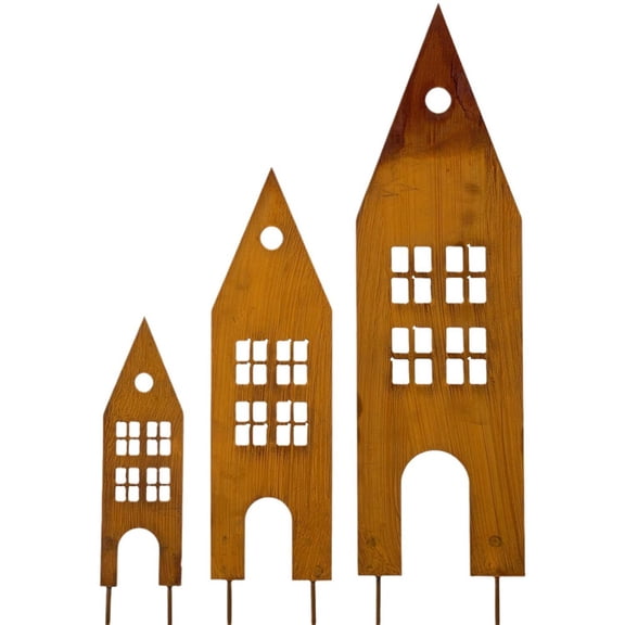 3Pcs Rusty Castle Metal House Silhouette Garden Iron Decoration Floor Insertion--Three Castles