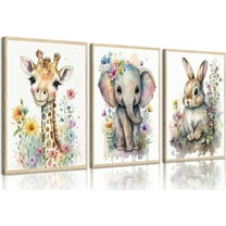 3Pcs Safari Animal Nursery Canvas Wall Art Watercolor Baby Animals with Wildflowers Picture Posters Wall Decor Cute Giraffe Elephant Rabbit Painting Print Artwork for Kids Children Room Decor