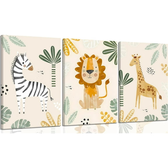 3Pcs Safari Animals Canvas Wall Art Inspirational Animal Lion Giraffe Zebra Poster Print Jungle animal Painting Picture Wall Decor for Nursery Baby Children's Room Bedroom Home Decoration Und