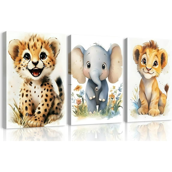 3Pcs Safari Animals Nursery Canvas Wall Art Jungle Animals Cheetah Elephant lion Posters Print Kids Room Watercolor Pictures Wall Decor for Boy Girl and Baby Room wall decorationCanvas