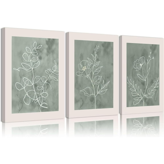 3Pcs Sage Green Botanical Wall Art Line Drawing Floral Canvas Poster Prints Modern Abstract Minimalist Picture Neutral Boho Artwork Simple Painting Wall Decor for Living Room Bedroom 12x16in Und