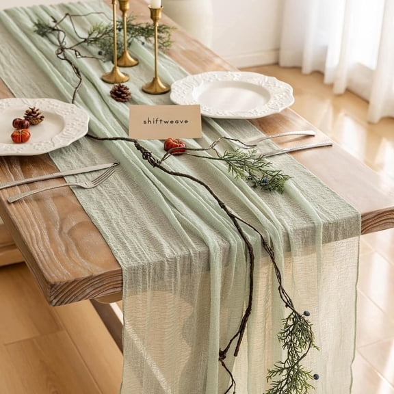 3Pcs Sage Green Cheesecloth Table Runner 120" Long, Rustic Boho Gauze Fabric for Wedding Reception, Bridal Shower, Easter & Party Decor