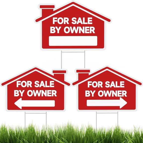3Pcs For Sale By Owner Yard Sign, 17x13 Inch Double Sided Sale Yard Sign with Metal H Stakes, Corrugated Plastic Real Estate Sale Signs, Home for Sale Sign, Red Yard Sale Signs With Stakes