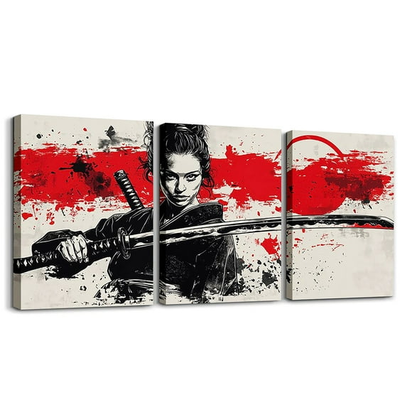 3Pcs Samurai Canvas Wall Art Red Sun Wall Paintings Japanese Sword Cool Paintings Wall Decor Retro Asian Art Poster Prints For Bedroom Kitchen Living Room 12"X 16"X 3 Panel