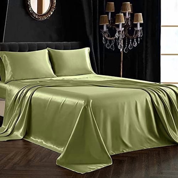 3Pcs Satin Sheet Set Twin Size Ultra Silky Soft Sage Green Satin Twin Bed Sheets with Deep Pocket, 1 Fitted Sheet, 1 Flat Sheet, 1 Envelope Closure Pillowcases