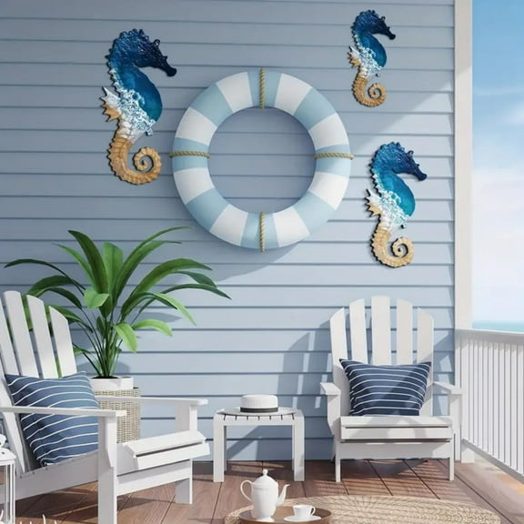 3Pcs Seahorse Wooden Wall Decor, Summer Beach Pattern Art Crafts, Hanging Sign for Living Room Bedroom Entryway Office Coastal Theme Home Wall Decoration