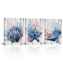3Pcs Seashell Picture Wall Art Starfish Coral Painting on Canvas Modern Blue and Beige Bathroom Decor