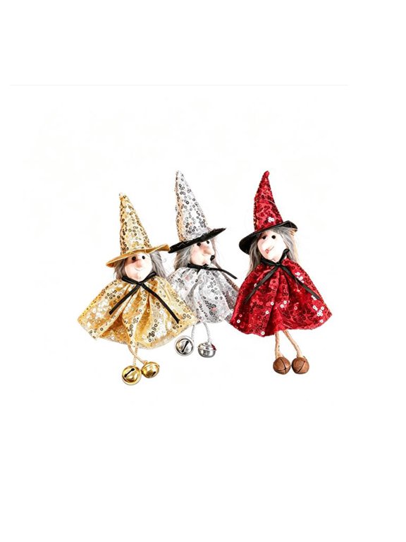 3Pcs Sequined Witch Doll Ornament Set With Hanging Bells Cute Mini Witch Keychain Decorations Soft Plush Witch Figurines For Halloween Party Favors, Indoor Home Mantel And Door Hanging Dec