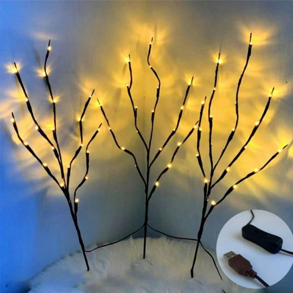 3Pcs/Set 60 Led Tree Branch Lights, Vase Branches With Lights, Willow Branches With Usb Plug, Artificial Tree Diy Decorative Lights For Halloween Thanksgiving And Christmas