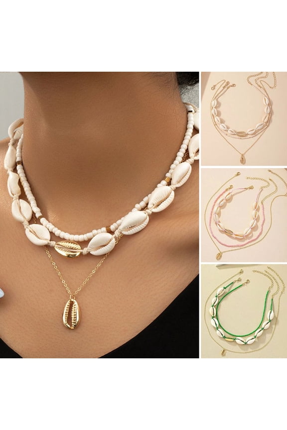 3Pcs/Set Beaded Seashell Necklace Boho Style Lightweight Layered Shell Necklace Ocean Jewelry Accessory Gift