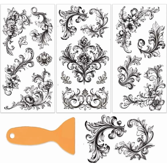 3Pcs/Set Black Border Rub on Transfers for Furniture and Crafts 6x12 Inch Vintage Flower Corner Furniture Transfer Stickers Vine Decal for Wood Furnitures Decor Scrapbooking Mixed Color