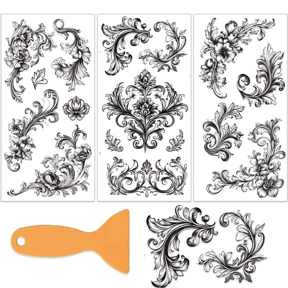 3Pcs/Set Black Border Rub on Transfers for Furniture and Crafts 6x12 Inch Vintage Flower Corner Furniture Transfer Stickers Vine Decal