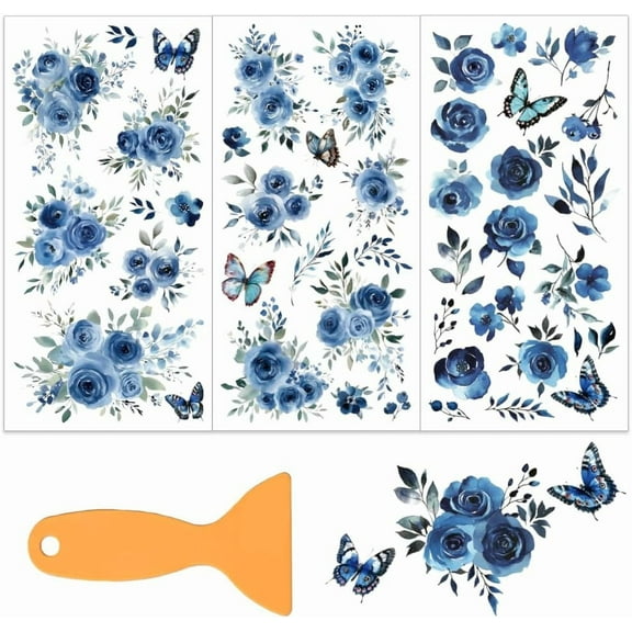 3Pcs/Set Blue Rose Rub on Transfers for Furniture and Craft 6x12 Inch Watercolor Decoration Colorful