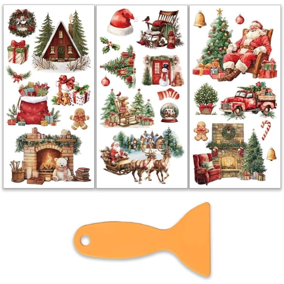 3Pcs/Set Christmas Scene Rub on Transfers for DIY Furniture and Craft 6x12 Inch Santa Claus Furniture Decal Transfer Stickers Rub on Decal with 1pc Scraper for DIY Scrapbook Window Home Decoration