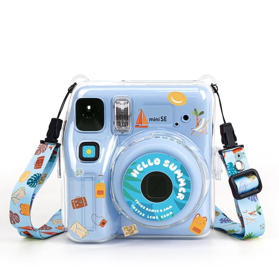 3Pcs Set Clear Case with Strap and Sticker for Instax Mini SE, Protective Sleeve with Photo Storage Compartment, Transparent Hard PC Cover Carrying Case for Mini SE Instant Camera