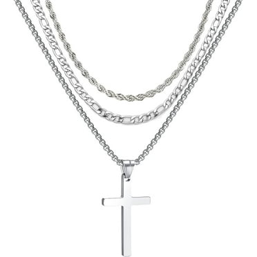 3Pcs Set Cross Necklace for Men, Mens Cross Necklace Cross Chain Layered Stainless Steel Rope Figaro Chains for Women Gold Silver Black (20inch/22inch)