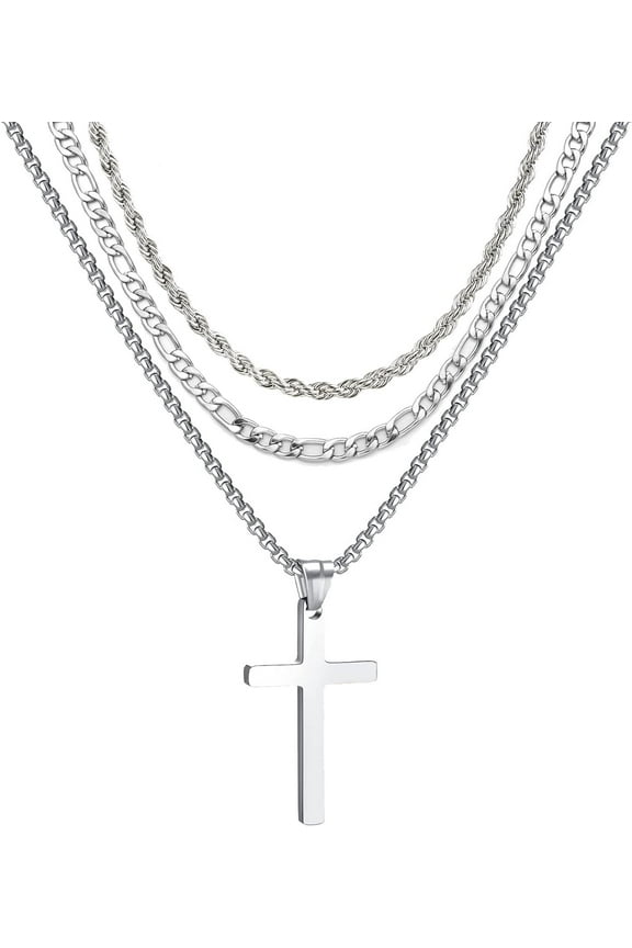 3Pcs Set Cross Necklace for Men, Mens Cross Necklace Cross Chain Layered Stainless Steel Rope Figaro Chains for Women Gold Silver Black (20inch/22inch)