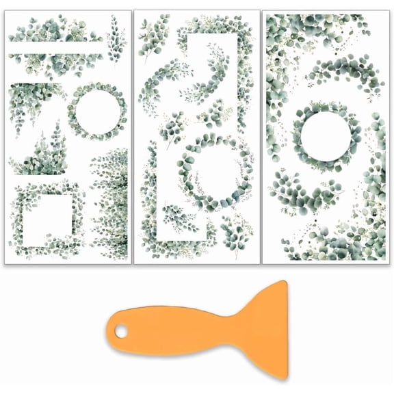 3Pcs/Set Eucalyptus Leaf Rub on Transfers for Furniture and Craft 6x12 Inch Border Corner Furniture Decal Transfer Stickers Rub on Decal with 1pc Scraper for Scrapbook Window Home Decoration 1set