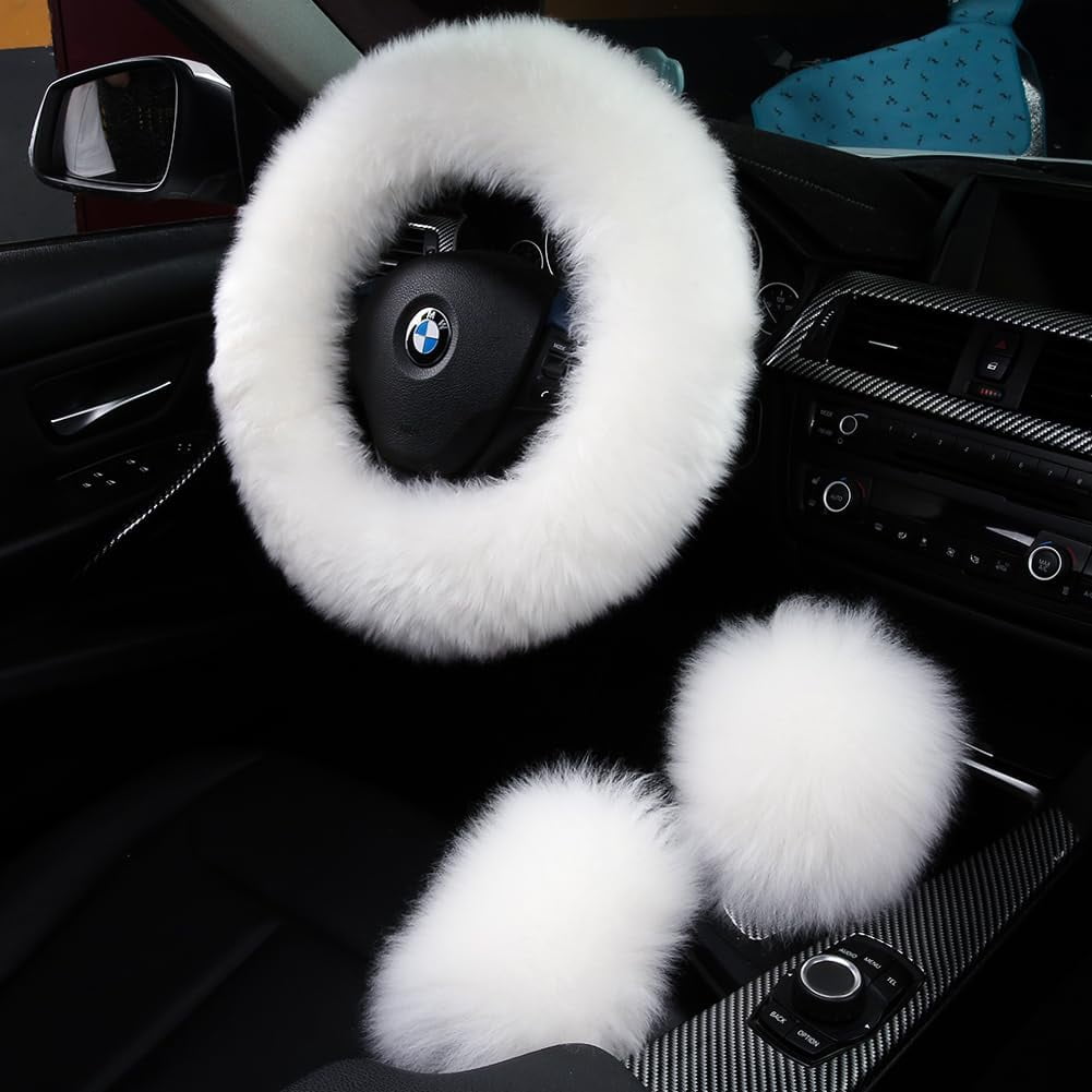 3Pcs Set Fashion Fluffy Fuzzy Wool Fur Soft Car Steering Wheel Cover with Handbrake Cover & Gear Shift Cover for Women/Girls/Ladies Auto Long Wool Accessories, White