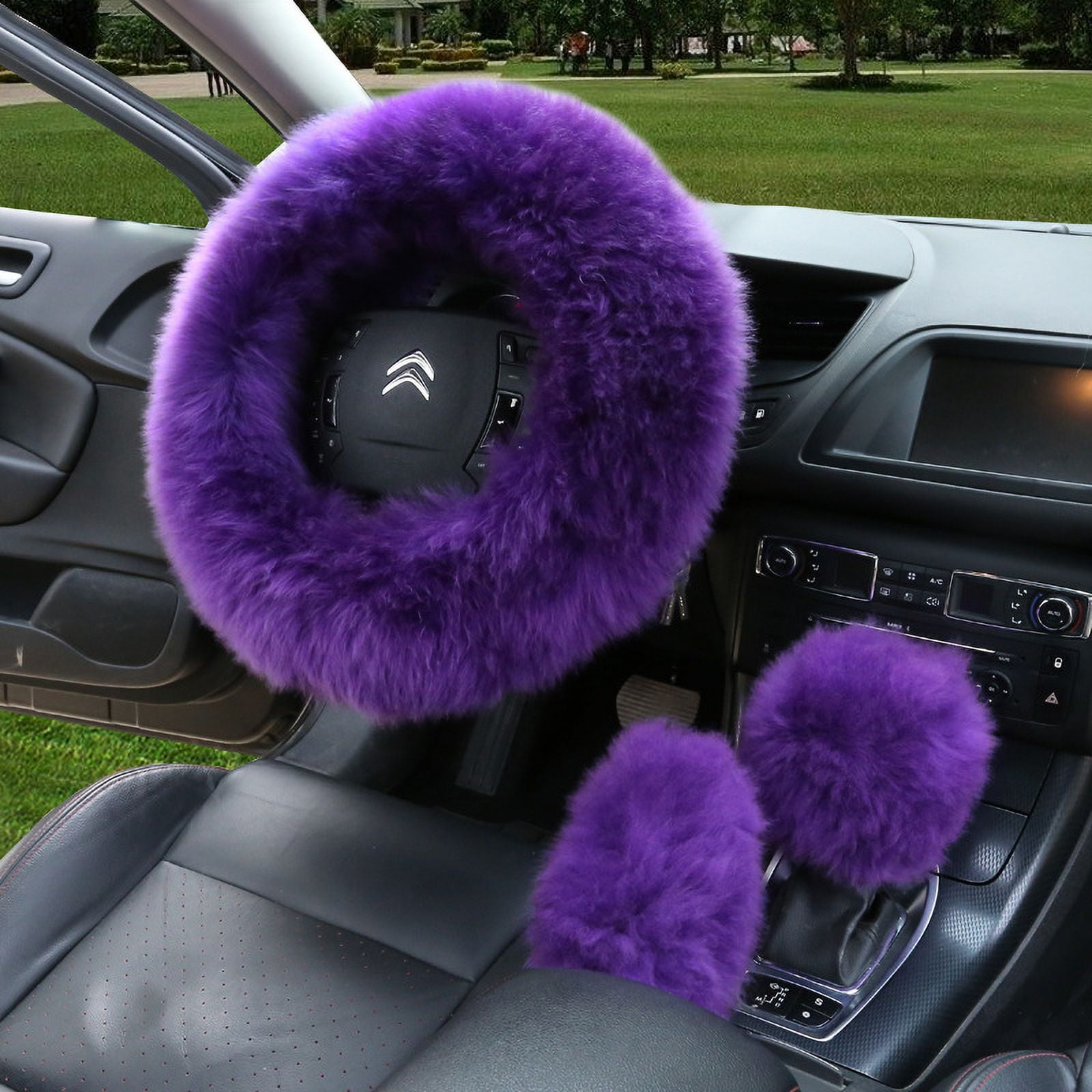 3Pcs Set Fashion Fluffy Fuzzy Wool Fur Soft Car Steering Wheel Cover with Handbrake Cover & Gear Shift Cover for Women/Girls/Ladies Auto Long Wool Accessories