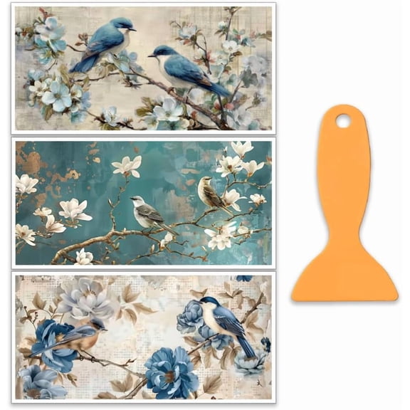 3Pcs/Set Flowers Rub on Transfers for DIY Furniture and Crafts 12x6 Inch Blue Bird Furniture Decals Decor Animal Transfer Stickers with 1pc Scraper for DIY Scrapbook Window DIY Home Decor