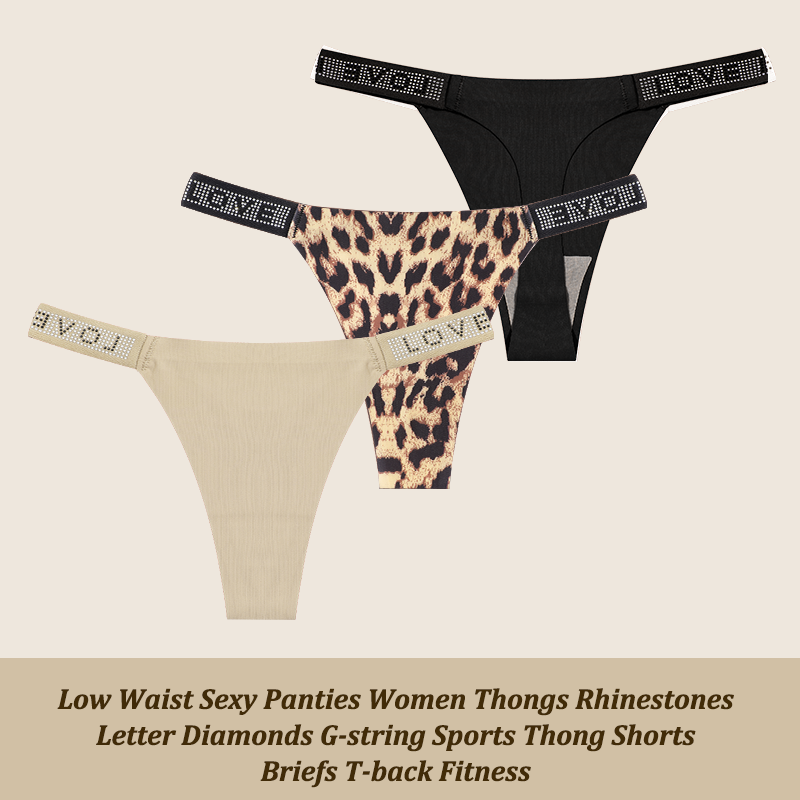 3Pcs Set Low Waist Sexy Panties Women Thongs Rhinestones Letter 