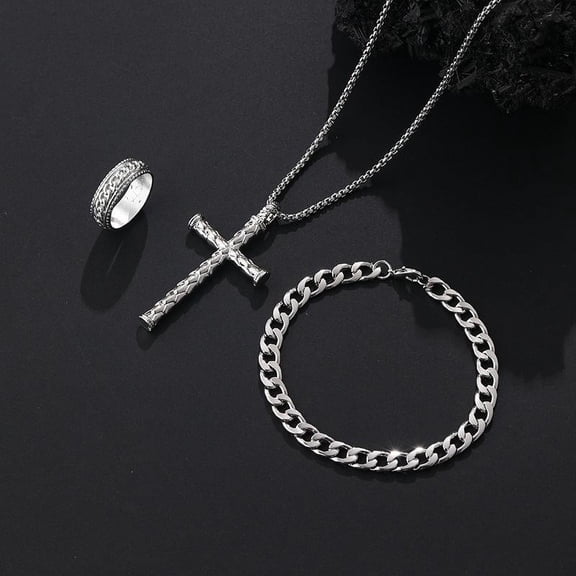 3Pcs Set Men's Stainless Steel Metal Cross Pendant Chain Necklace Bracelet Ring Jewelry Set Male Hip Hop Daily Wear Accessories