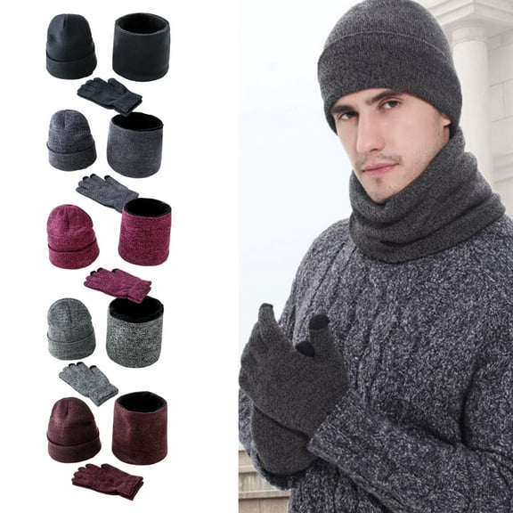 3Pcs/Set Mens Beanie Scarf Gloves Set Knit Winter Fleece Lining Thick Hat
