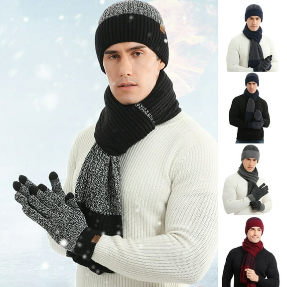 3Pcs/Set Mens Winter Hat Scarf with Touchscreen Gloves Knit Beanie Hat Themal Gloves Long Scarf Set with Fleece Lined for Women Men