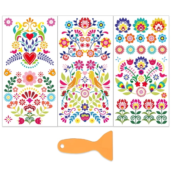 3Pcs/Set Mexican Pattern Rub on Transfer for Furniture and Craft 6x12 Inch Folk Art Furniture Decal Transfer Sticker Rub on Decal with 1pc Scraper