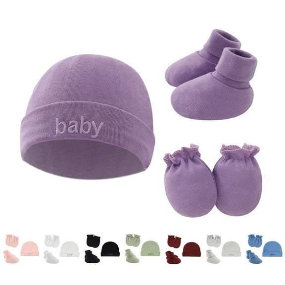 3Pcs/Set Newborn Beanie Hat, Anti Slip Baby Socks and Cotton Gloves No Scratch Mittens Beanie Cap