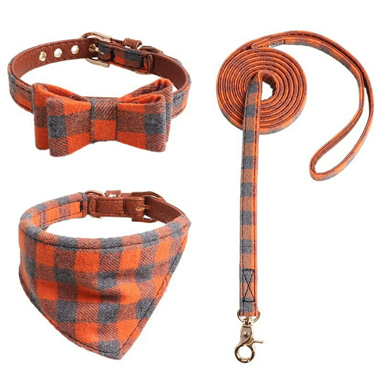 3Pcs Set Pet Collar Set Scottish Tartan Vintage Style Bowknot Tie Collar Leash Set for Girl or Boy Dogs Comfortable Plaid Pattern Fully Adjustable