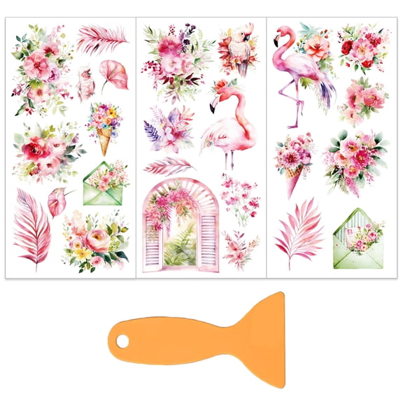 3Pcs/Set Pink Flamingo Rub on Transfers for Furniture and Craft 6x12 Inch Pink Flowers Furniture Decal Transfer Stickers Rub on Decal with 1pc Scraper