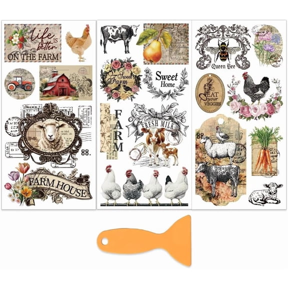 3Pcs/Set Retro Farm Rub on Transfers for DIY Furniture and Craft 6x12 Inch Farm Animals Furniture Decal Transfer Sticker Rub on Decal with 1pc Scraper for DIY Scrapbook Window Home Decoration