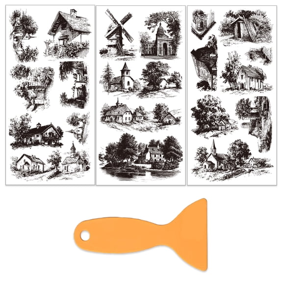 3Pcs/Set Rural Scenery Rub on Transfers Furniture and Crafts 6x12 Inch Sketch Rural Furniture Decals Decor Transfer Stickers with 1pc Scraper