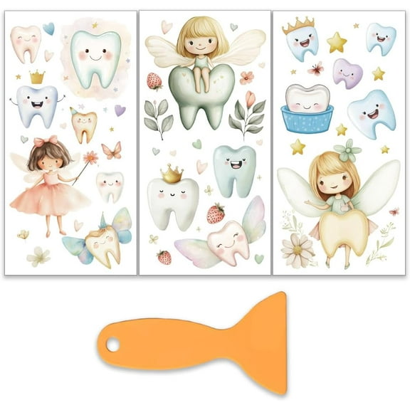 3Pcs/Set Tooth Fairy Rub on Transfers for Furniture and Crafts 6x12 Inch Teeth Furniture Decals Decor Fantasy Theme Transfer Stickers with 1pc Scraper for Scrapbook Window DIY Home Decor