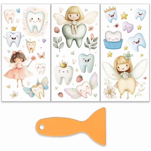 3Pcs/Set Tooth Fairy Rub on Transfers for Furniture and Crafts 6x12 Inch Teeth Furniture Decals Decor Fantasy Theme Transfer Stickers with 1pc Scraper for Scrapbook Window Home Decor for diy making