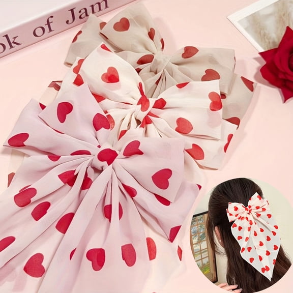3Pcs/Set Valentine's Day Heart Hair Bows Large Pink Bow Hair Tie Love Ribbon Cheer Bow Ties Elastic Hair Tie Ponytail Holder Cheerleading Hair Band Valentines Hair Accessory for Women Girls