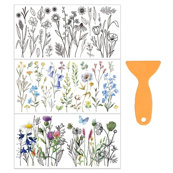 3Pcs/Set Wildflowers Rub on Transfers for Furniture and Crafts 12x6 Inch Bushes and Flower Furniture Transfer Stickers with 1pc Scraper