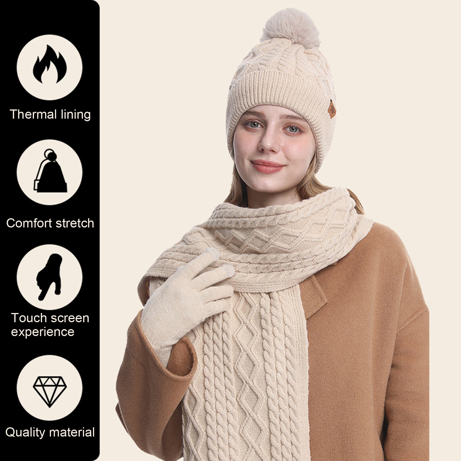 OROOTL Ladies Hat Scarf Gloves Set 3 in 1 Women Winter Warm Sets Knitted Hat Touchscreen Gloves Long Scarf for Women Lady Girls Gift