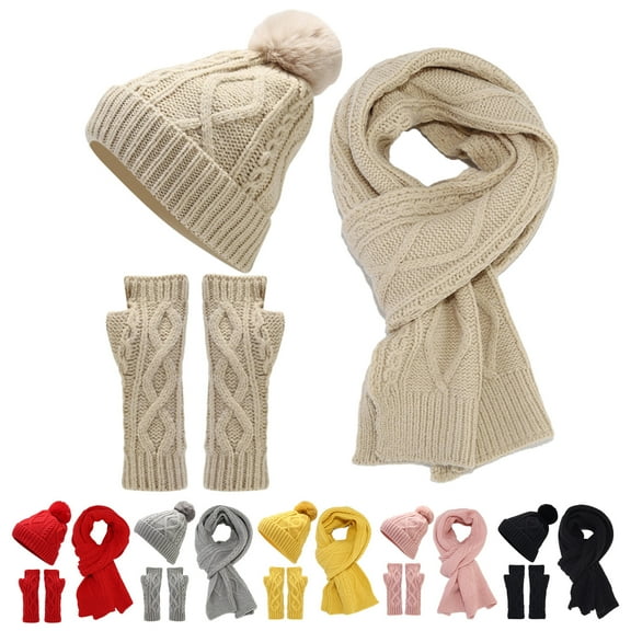3Pcs/Set Women Autumn Winter Warm Hat Scarf Gloves Set Solid Color Plush Ball Beanie Hat Half Finger Gloves Long Scarf Set