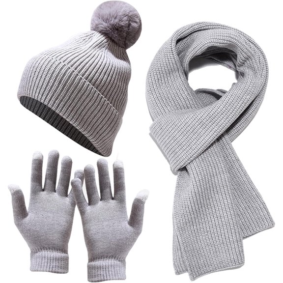 3Pcs/Set Women Girls Knit Beanie Hat Scarf and Gloves Set, Winter Soft Warm Thick Fleece Lined Knit Hat with Pompom, Gloves and Scarf