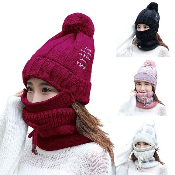 3Pcs/Set Women Winter Thick Warm Woolen Knitted Beanie Hat Face Mask Neck Scarf