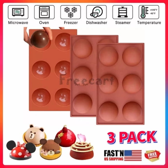 3Pcs Silicone Cake Mold Hot Chocolate Bombs Candy Molds 6-Cavity Baking Mould Us