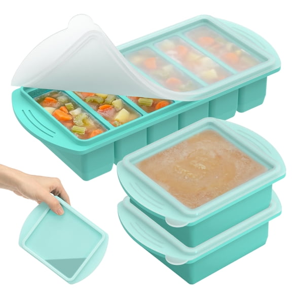 3 Pack Silicone Soup Freezer Trays with Lids Large Portion Food Storage Containers for Meal Prep Freezer Molds for Soup Stew and Sauce Souper Cubes Style