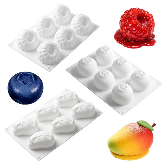 Fkszll 3Pcs Fruit Silicone Molds Set, 6-Cavity 3D Blueberry, Raspberry & Mango Mousse Cake Moulds, Non-Stick Food Grade Bakeware for Chocolate, Jelly, Candy & Dessert Decorating