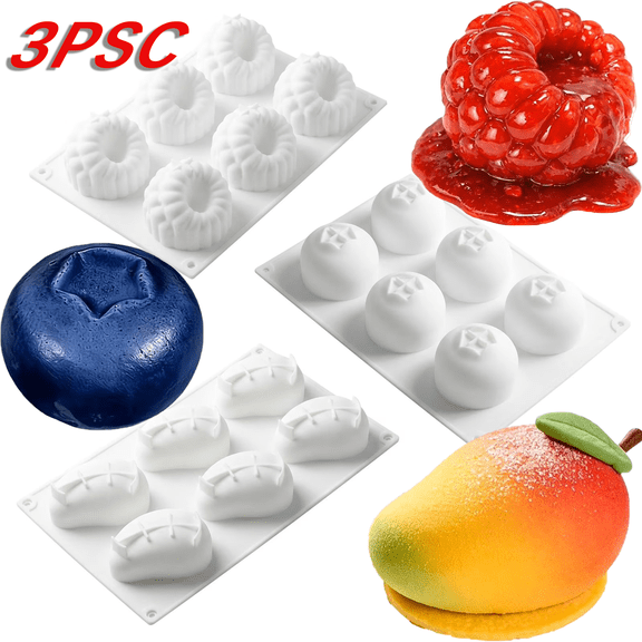 3Pcs Fruit Silicone Molds Set, Large 11" 6 -Cavity 3D Blueberry, Raspberry & Mango Mousse Cake Mould