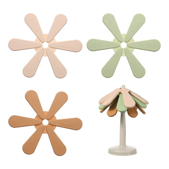 3Pcs Silicone Trivet Mat for Hot Dishes, Tree Shaped Trivet Set with Stand for Hot Pots(White/Green/Brown)