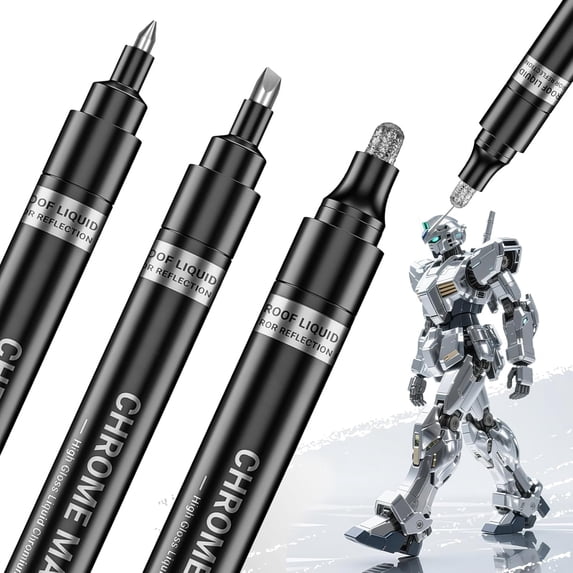 3Pcs Silver Chrome Paint Markers, Metallic Reflective Pens for Waterproof Touch-Up, Model Repair, DIY Craft & Metal Coating, High-Gloss Mirror Finish
