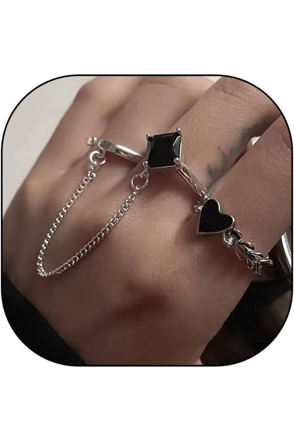 3Pcs Silver Heart Chain Tassel Ring Set, Black Crystal Drop Chain Finger Ring, Fashion Link Ring Anniversary Valentine'S Day Jewelry Gift